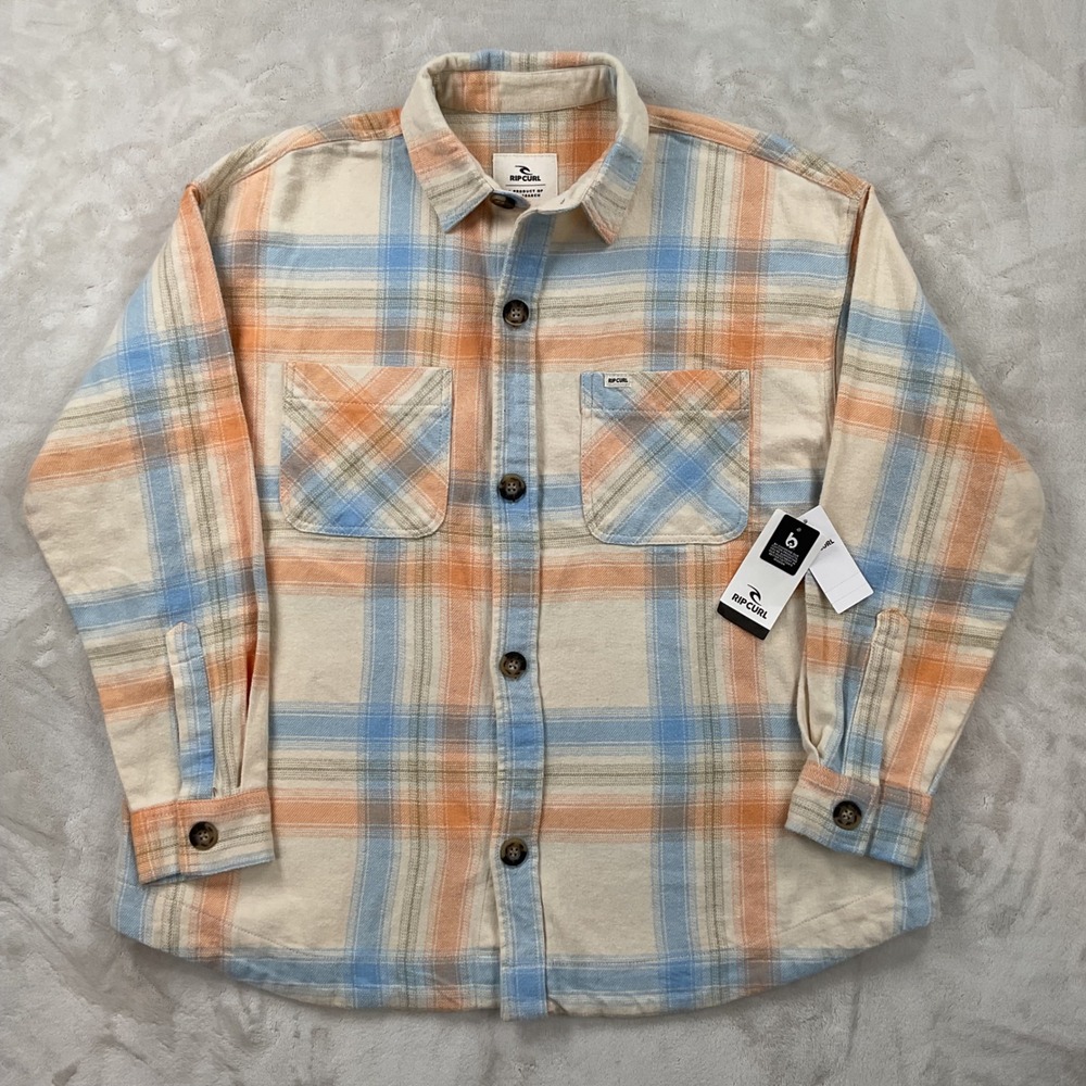 Rip Curl Beach Party Flannel Shirt Womens XS Cream Orange Blue Plaid 04MWSH NWT